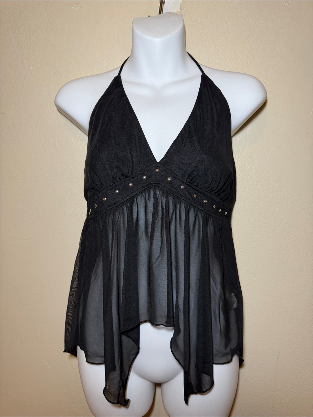 Black Halter Chiffon Stud-Trim Tank